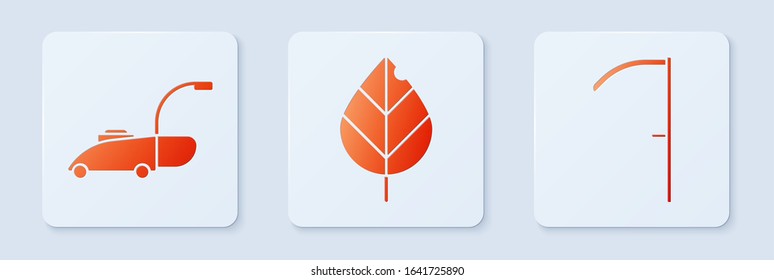 Set Leaf, Lawn mower and Scythe. White square button. Vector
