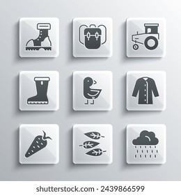 Set Leaf or leaves, Cloud with rain, Raincoat, Little chick, Carrot, Waterproof rubber boot,  and Tractor icon. Vector