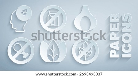 Set Leaf or leaves, Garlic, No meat, Gluten free grain, pack of milk and Human head with leaf inside icon. Vector