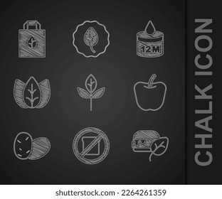 Set Leaf or leaves, Gluten free grain, Vegan food diet, Apple, Potato, Organic cosmetic and Shopping bag with recycle icon. Vector
