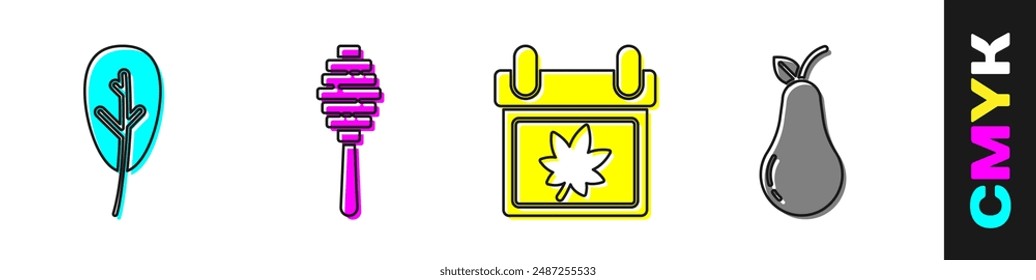 Set Leaf or leaves, Honey dipper stick, Calendar with autumn leaves and Pear icon. Vector