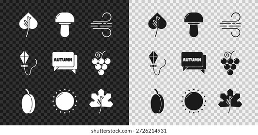 Set Blatt oder Blätter, Pilz, Wind, Pflaumenfrucht, Sonne, Drachen und Sprechblase mit Text-Herbstsymbol. Vektorgrafik