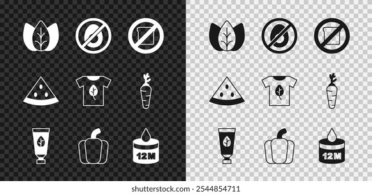 Set Leaf or leaves, No meat, Gluten free grain, Organic cosmetic, Bell pepper, Watermelon and Vegan shirt icon. Vector