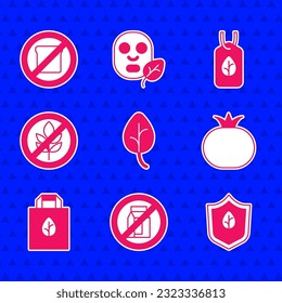 Set Leaf or leaves, No pack of milk, Vegan food diet, Tomato, Shopping bag with recycle, Gluten free grain,  and  icon. Vector