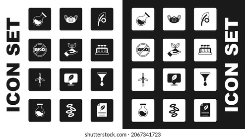 Set Leaf or leaves, Plant in hand, No GMO, Test tube flask, Medical protective mask, Funnel filter and Wind turbine icon. Vector