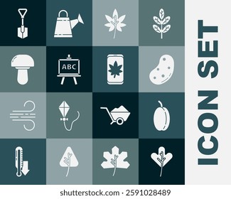 Set Leaf or leaves, Plum fruit, Potato, Chalkboard, Mushroom, Shovel and on mobile phone icon. Vector