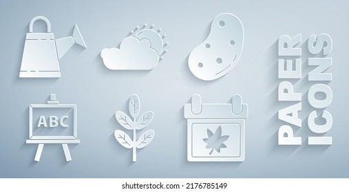 Set Leaf or leaves, Potato, Chalkboard, Calendar with autumn, Sun and cloud weather and Watering can icon. Vector