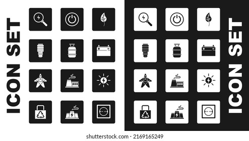 Fijar hojas o hojas, tanque de gas propano, bombilla LED, perno relámpago, batería de coche, botón de encendido, panel de energía solar e icono de torre eléctrica. Vector