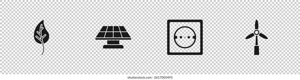 Set Leaf or leaves, Solar energy panel, Electrical outlet and Wind turbine icon. Vector