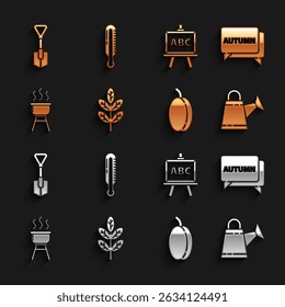 Set Leaf or leaves, Speech bubble with text autumn, Watering can, Plum fruit, Barbecue grill, Chalkboard, Shovel and Meteorology thermometer icon. Vector