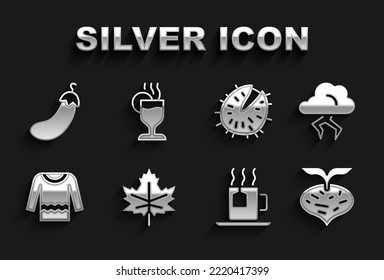 Set Leaf or leaves, Storm, Beet, Cup of tea with tea bag, Sweater, Chestnut, Eggplant and Mulled wine icon. Vector