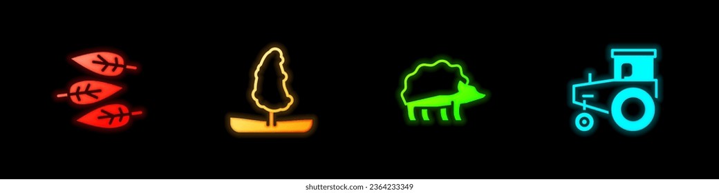 Set Leaf or leaves, Tree, Hedgehog and Tractor icon. Vector