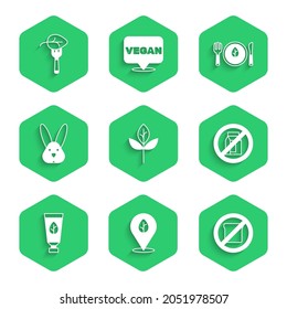 Set Leaf or leaves, Vegan food diet, Gluten free grain, No pack of milk, Organic cosmetic, Animal cruelty,  and  icon. Vector