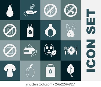 Set Leaf or leaves, Vegan food diet, Animal cruelty free, Gluten grain, No pack of milk, Pear and Garlic icon. Vector