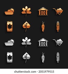 Set Leaf or leaves, Wheelbarrow with dirt, Corn, Carrot, on mobile phone, Farm house, Sun and cloud weather and  icon. Vector