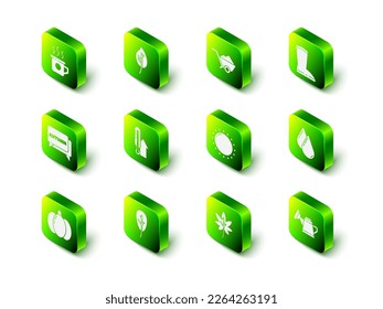 Set Leaf or leaves, Wheelbarrow with dirt, Waterproof rubber boot, drop, Watering can, Sun,  and  icon. Vector