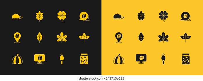 Set Leaf, Location with leaf, Chestnut, Opium poppy, Four clover, Hedgehog and  icon. Vector
