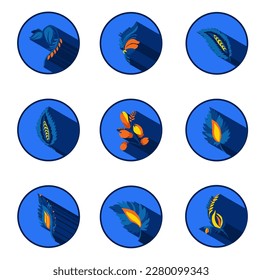 Set of leaf logos with shadows. Traditional Ukrainian painting of Petrykivka. Elements of blue-yellow floral ornament. Decorative vector illustration.