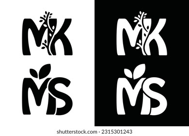 Conjunto de letras de hoja y MK MS en blanco y negro. Adecuado para varios fines comerciales también para ícono, logotipo, símbolo y muchos más.