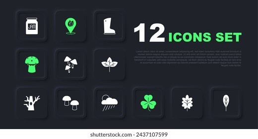 Set Leaf, Mushroom, Clover, Location with leaf and Cloud rain and sun icon. Vector