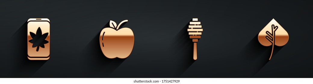 Set Leaf on mobile phone, Apple, Honey dipper stick and Leaf or leaves icon with long shadow. Vector