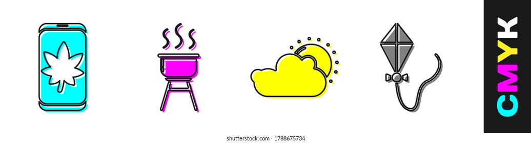 Set Leaf on mobile phone, Barbecue grill, Sun and cloud weather and Kite icon. Vector