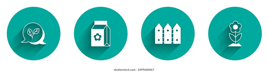 Conjunto de hojas, paquete lleno de semillas, valla de jardín de madera y icono de flores con sombra larga. Vector