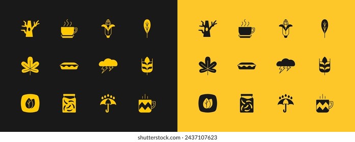 Set Leaf, Pickled cucumbers in jar, Cloud and lightning, Umbrella rain drops, Homemade pie, Corn, Bare tree and Coffee cup icon. Vector