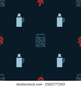Set Leaf, Pickled cucumbers in jar and Thermos container on seamless pattern. Vector