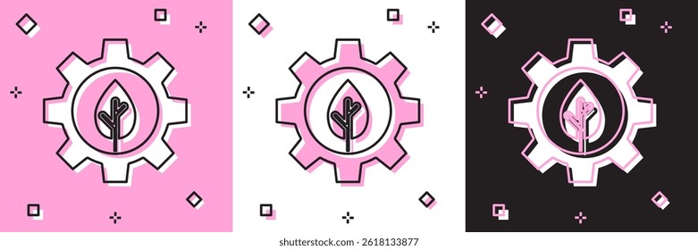Set Leaf plant ecology in gear machine icon isolated on pink and white, black background. Eco friendly technology. World Environment day label.  Vector