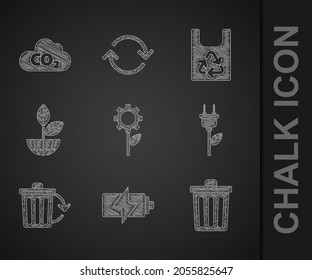 Set Leaf plant in gear machine, Battery, Trash can, Electric saving plug leaf, Recycle bin with recycle, Earth globe and, Plastic bag and CO2 emissions cloud icon. Vector