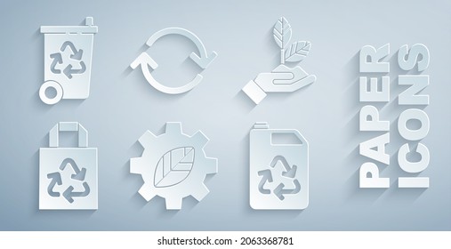 Set Leaf plant in gear machine, Plant hand, Paper bag with recycle, Eco fuel canister, Refresh and Recycle bin icon. Vector