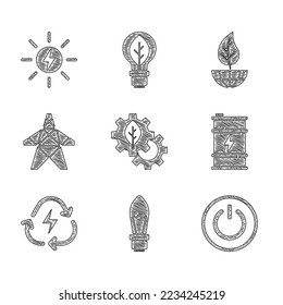 Set Leaf plant in gear machine, Light bulb, Power button, Bio fuel barrel, Battery with recycle, Electric tower, Earth globe and leaf and Solar energy panel icon. Vector