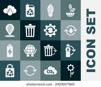 Set Leaf plant in gear machine, Recycling plastic bottle, Recycle clean aqua, Light bulb with leaf, Trash can, Location, Cloud rain and Gear and arrows workflow icon. Vector