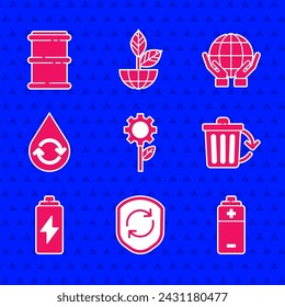 Set Planta de hojas en máquina de engranajes, símbolo de reciclaje dentro del escudo, batería, papelera con reciclaje, agua limpia, manos sosteniendo globo de la Tierra e icono de barril. Vector
