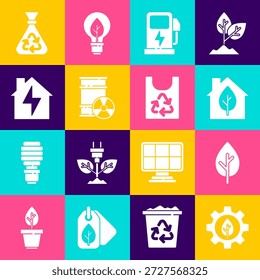 Set Leaf plant in gear machine, Tree, Eco friendly house, Electric car charging station, Radioactive waste barrel, House and lightning, Garbage bag with recycle and Plastic icon. Vector