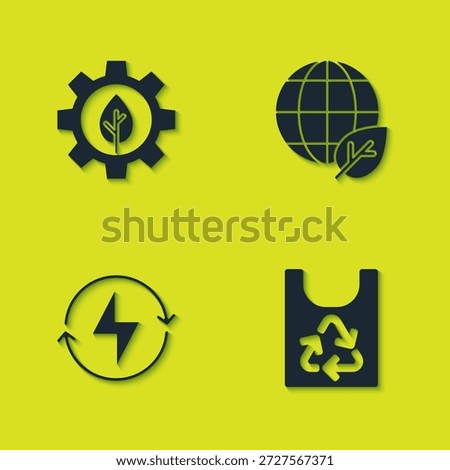 Set Leaf plant in gear machine, Plastic bag with recycle, Lightning bolt and Earth globe and leaf icon. Vector