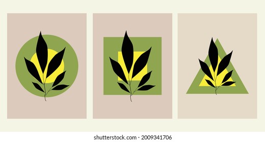 Set of leaf shapes minimalist posters with abstract organic shapes composition in trendy contemporary collage style, Hand painted pastel color for social media stories, branding, banner.