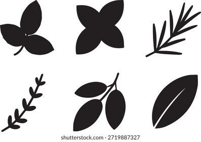 Conjunto de siluetas de hojas, aisladas sobre un fondo blanco, ideal para proyectos de naturaleza, botánicos, ecológicos y de diseño.