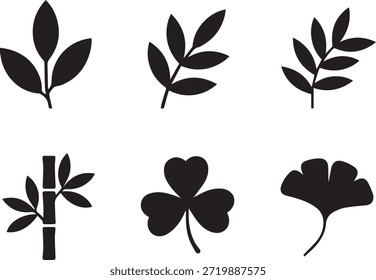 Conjunto de siluetas de hojas, aisladas sobre un fondo blanco, ideal para proyectos de naturaleza, botánicos, ecológicos y de diseño.