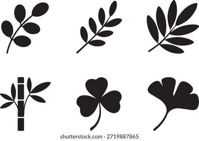 Conjunto de siluetas de hojas, aisladas sobre un fondo blanco, ideal para proyectos de naturaleza, botánicos, ecológicos y de diseño.