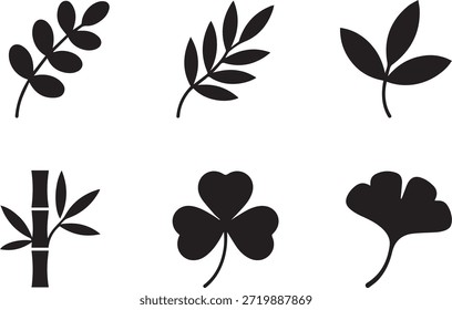 Conjunto de siluetas de hojas, aisladas sobre un fondo blanco, ideal para proyectos de naturaleza, botánicos, ecológicos y de diseño.