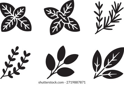 Conjunto de siluetas de hojas, aisladas sobre un fondo blanco, ideal para proyectos de naturaleza, botánicos, ecológicos y de diseño.