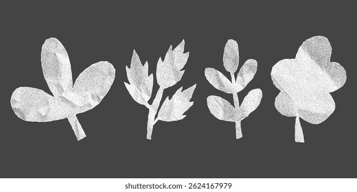 Set of leaf silhouettes with jagged torn edges. Crumpled paper texture, collage elements for banners and posters, gritty halftone cutout shapes in different sizes.