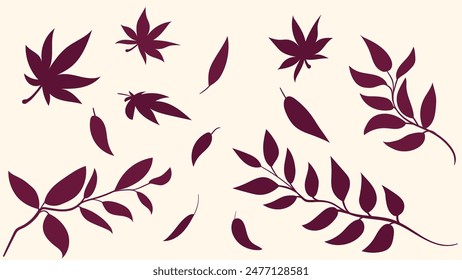 Conjunto de siluetas de hojas, hojas de arce y ramas. Ilustración de diferentes plantas de Vector simple para el diseño de otoño