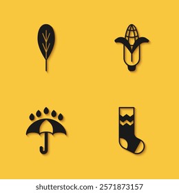 Set Leaf, Socks, Umbrella and rain drops and Corn icon with long shadow. Vector