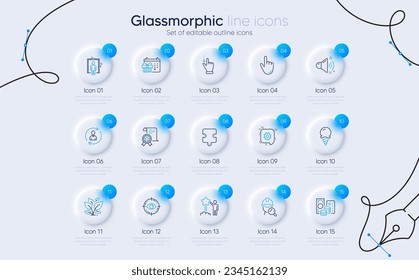 Conjunto de iconos de línea de hoja, estrella e inspeccionar para la aplicación web. Destino ocular, tarjeta de crédito, iconos de gestos de pantalla táctil. Ascensor, certificado, señales de helado. Rompecabezas, Cursor, sonido fuerte. CogWheel. Vector