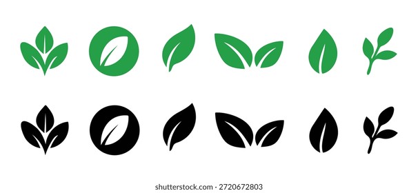 Set of leaf symbols in green and black. Eco concept nature.