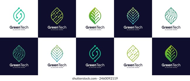 set of Leaf tech logo icon flat design template, vector illustration