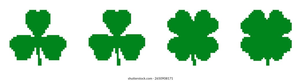 Set of Leaf templates in pixel art style. Green plant silhouettes. Clover, botanical shapes, labels. Isolated on white background. 